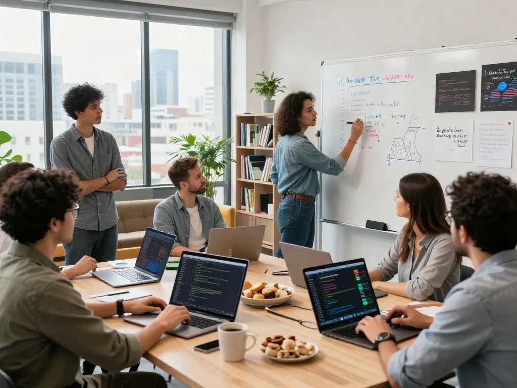 Équipe d'Atlas pro collaborant autour d'un tableau blanc dans un bureau moderne, ambiance créative.