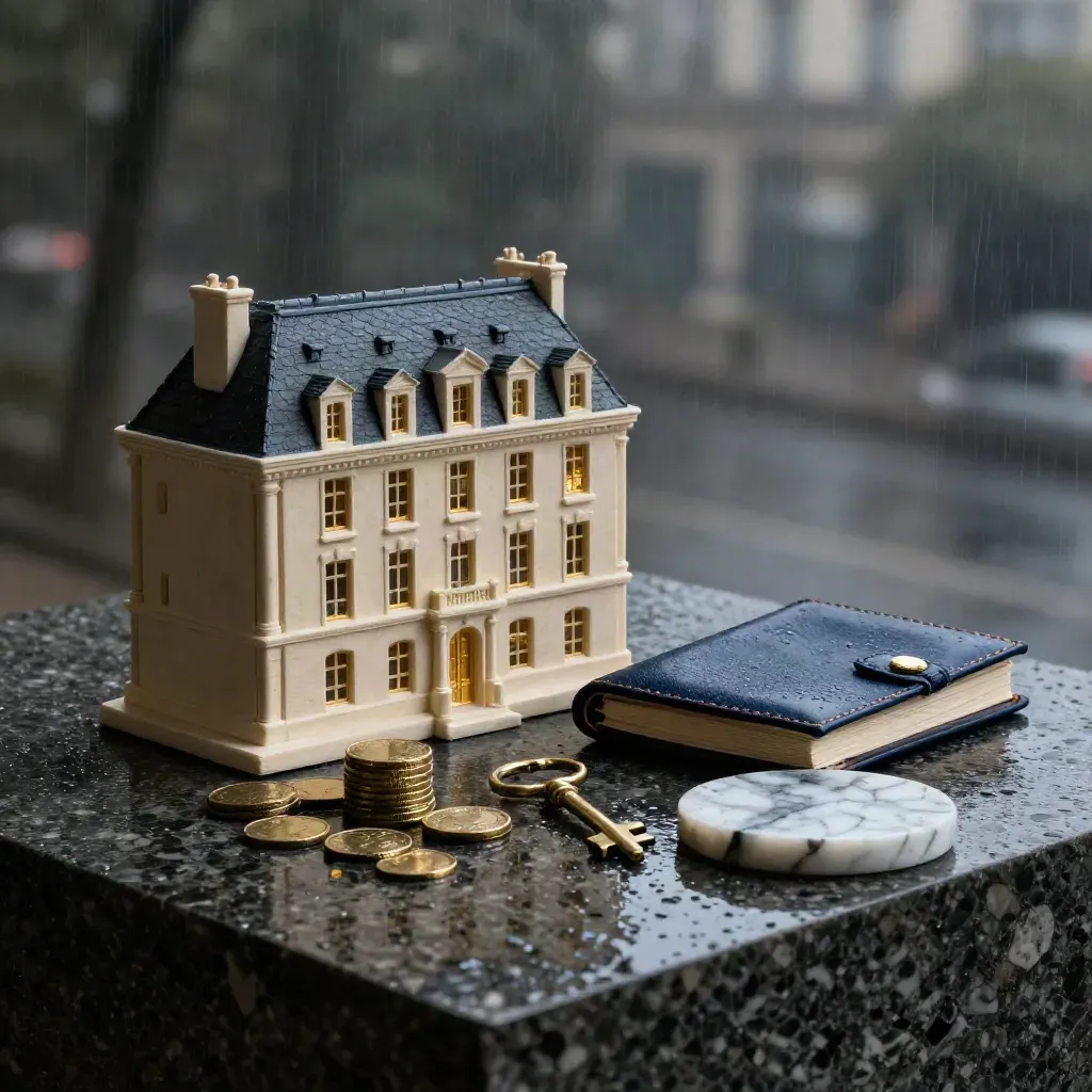 Maquette haussmannienne, portefeuille navy, pièces, clé en laiton et coupelle de marbre après la pluie.