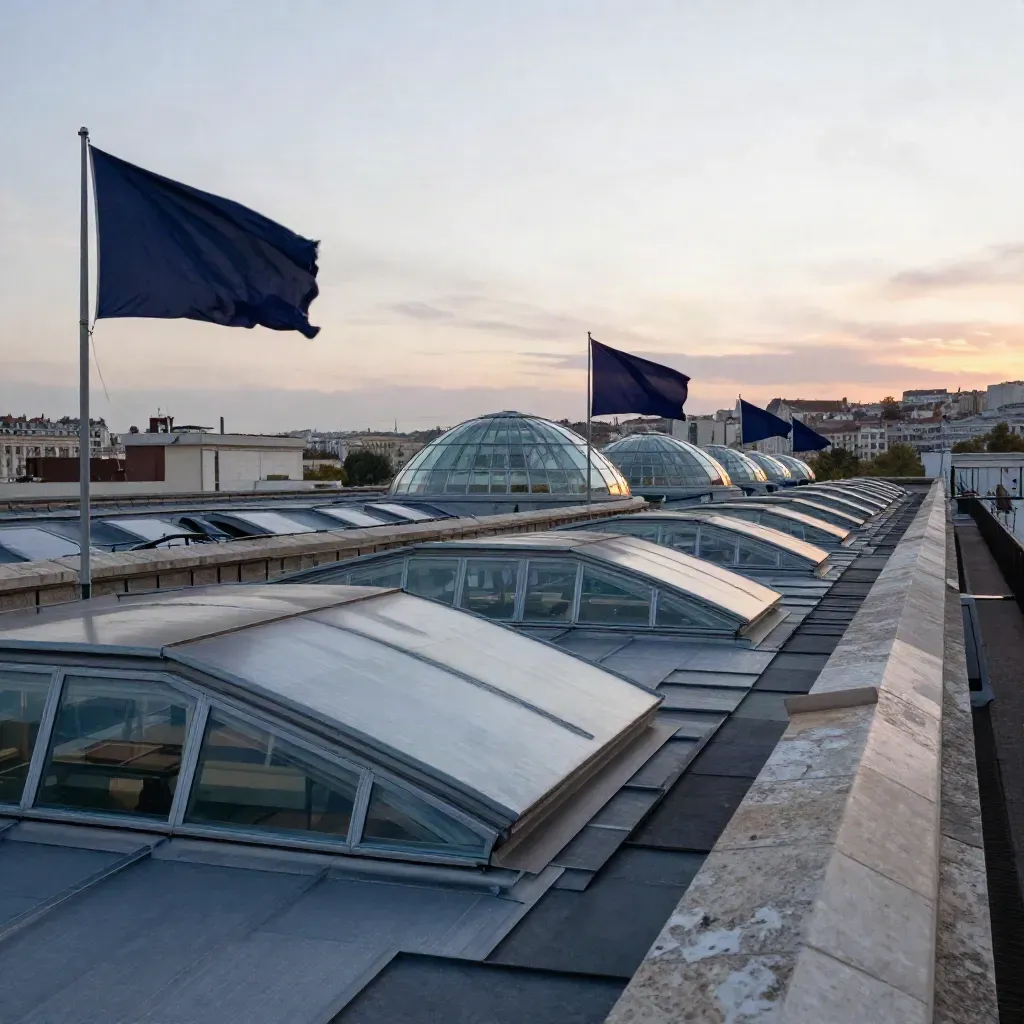 Toits de Lyon au crépuscule, verrières et dômes, reflets allumés et vent sec.