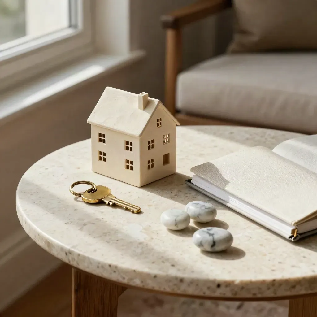 Maquette de maison, porte-clés en laiton, galets de marbre et carnet fermé sur une table lumineuse.