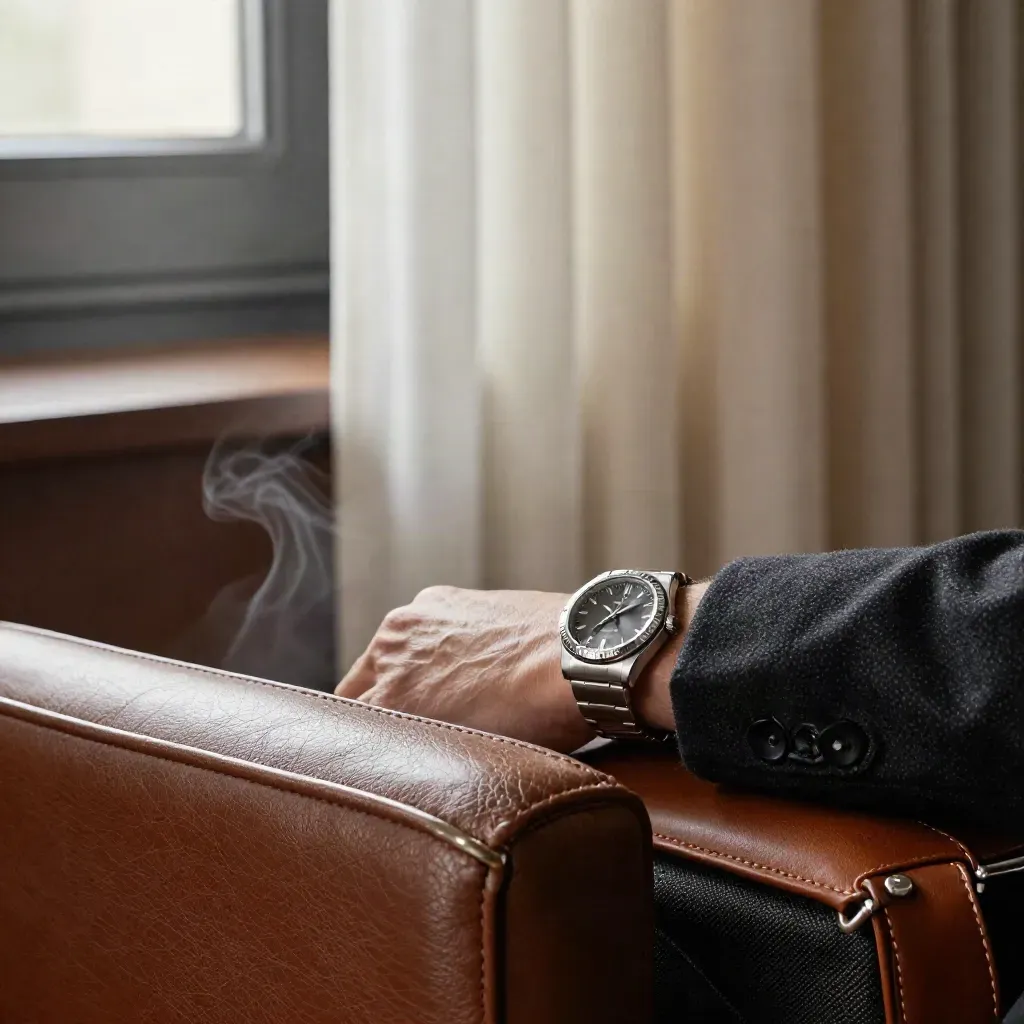 Suite d’hôtel feutrée, montre et veste près d’une valise ouverte, vapeur de café, aube grise.