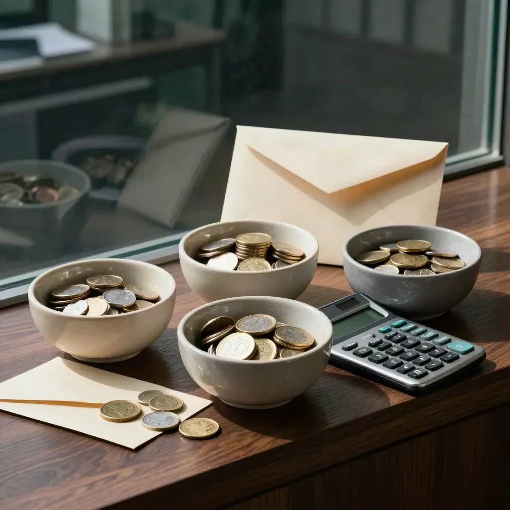 Vue plongeante de trois coupelles, pièces triées, enveloppe crème et petite calculatrice.