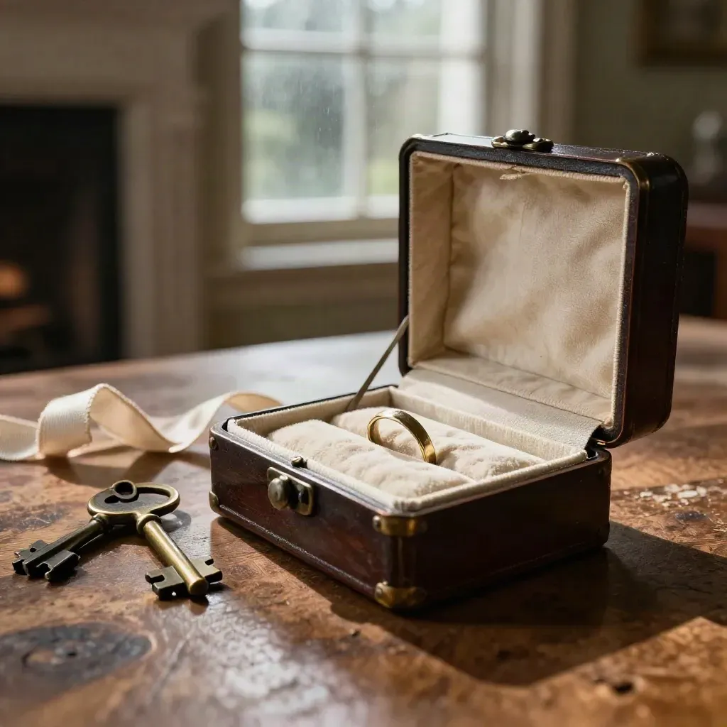Boîte d’héritage ouverte avec deux clés anciennes, ruban de lin et bague sur table chaleureuse.