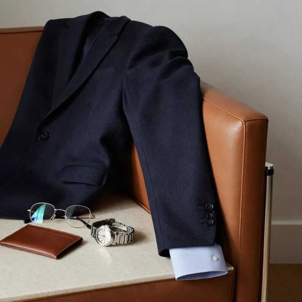 Vestiaire de dirigeant avec veste marine, montre, lunettes et étui à cartes sur fauteuil en travertin.