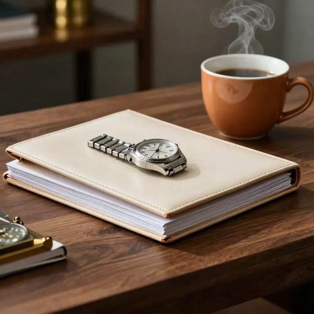 Table de conseil du matin avec montre, dossier ivoire fermé, tasse tiède et vapeur légère.