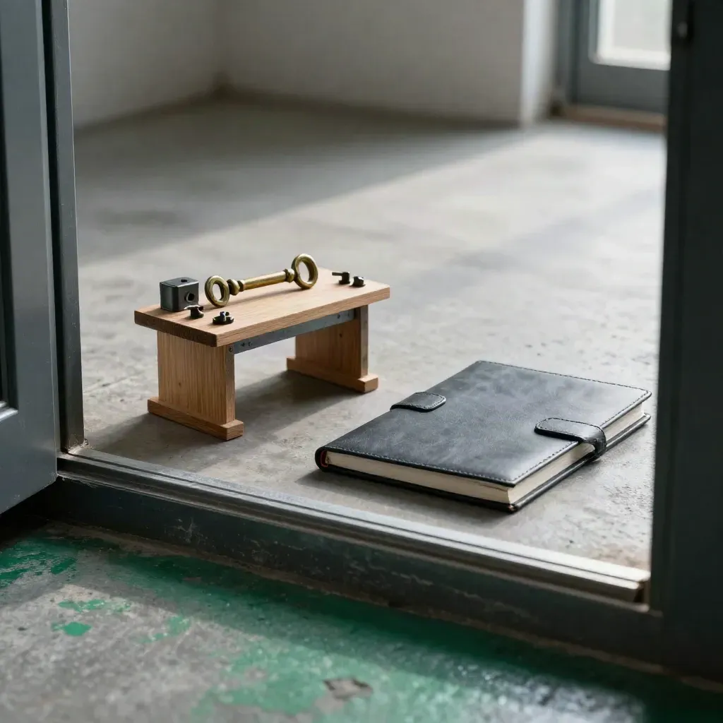 Maquette d’atelier, clé en laiton et carnet fermé sur un seuil de béton froid.