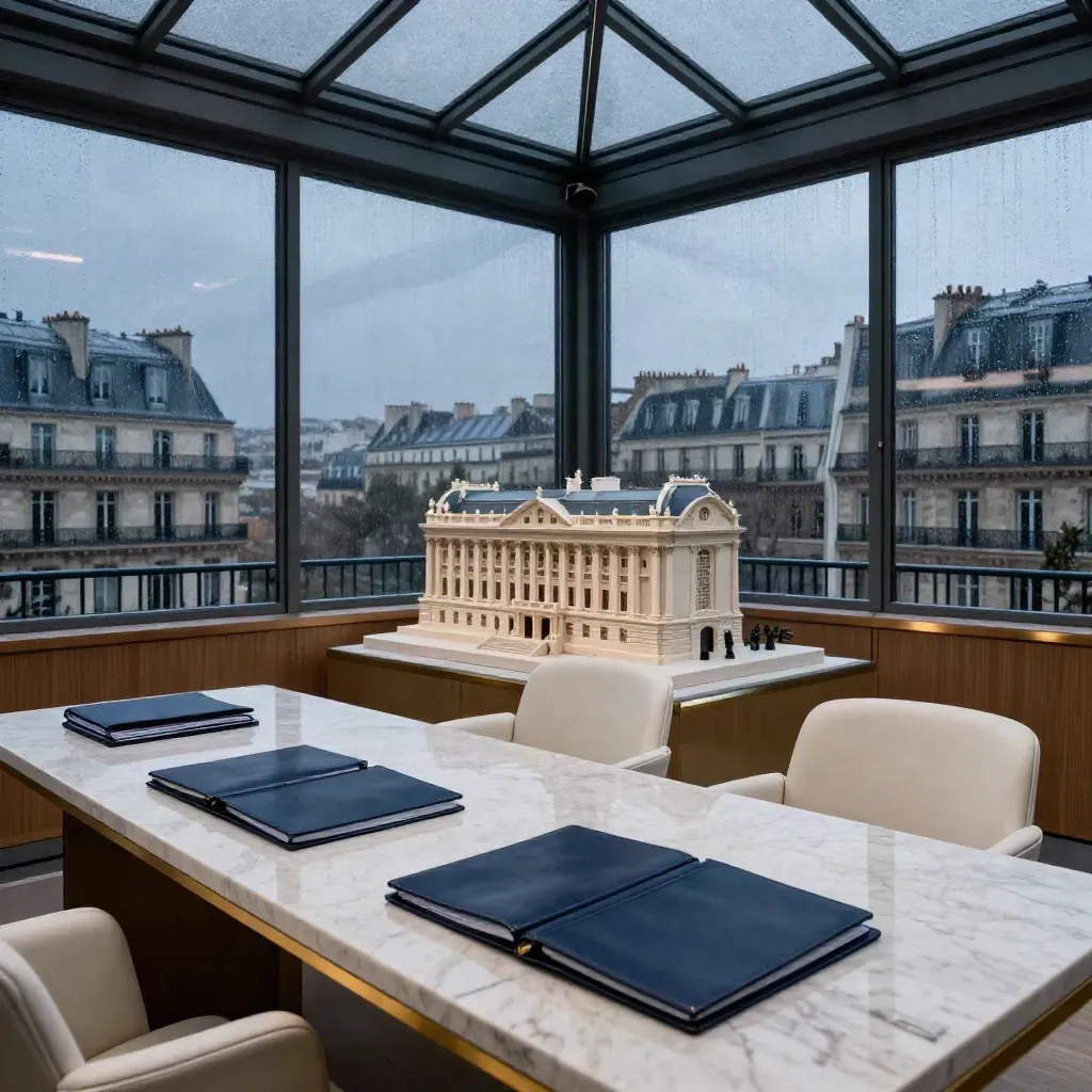 Bureau parisien sous verrière, fauteuils vides, maquette haussmannienne et pluie sur les vitres.