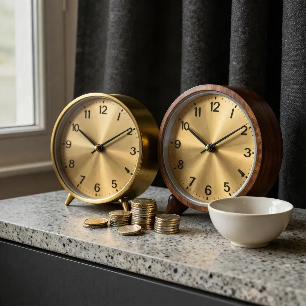 Deux horloges, trois piles de pièces et une coupelle en céramique dans une ambiance retraite.