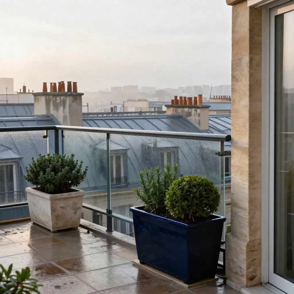 Terrasse d’appartement en Île-de-France au matin, toits humides et brume légère.
