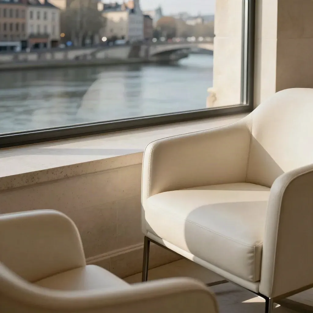 Fauteuil ivoire et pierre claire d’un salon de conseil à Lyon, vue sur le Rhône en fin d’après-midi.