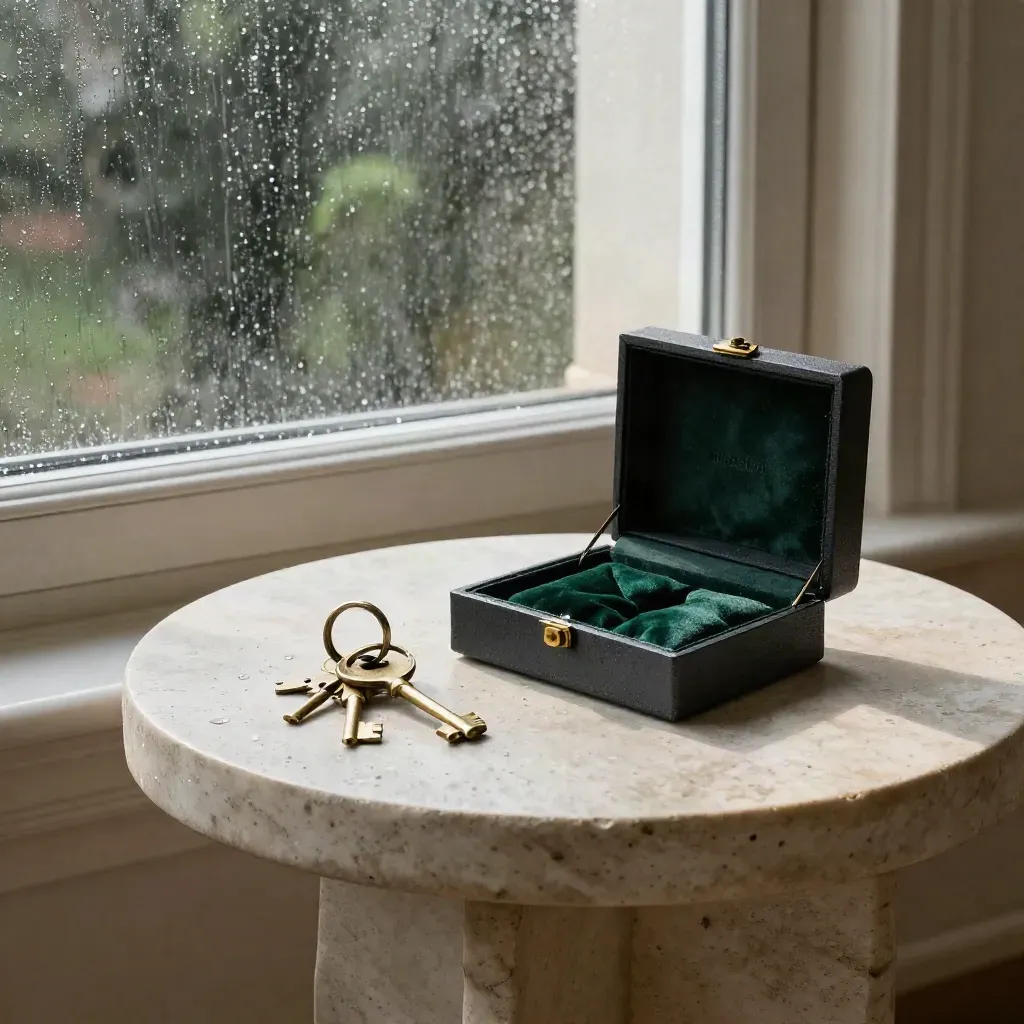 Clés en laiton et coffret sombre sur pierre près d’une fenêtre bordelaise sous la pluie.
