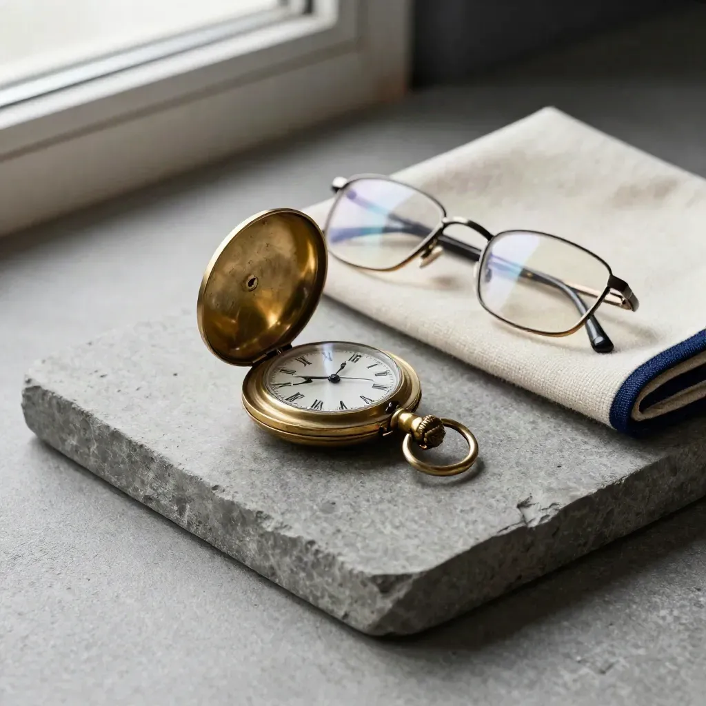 Montre de poche en laiton, lunettes fines et cachemire plié sur une dalle de pierre.