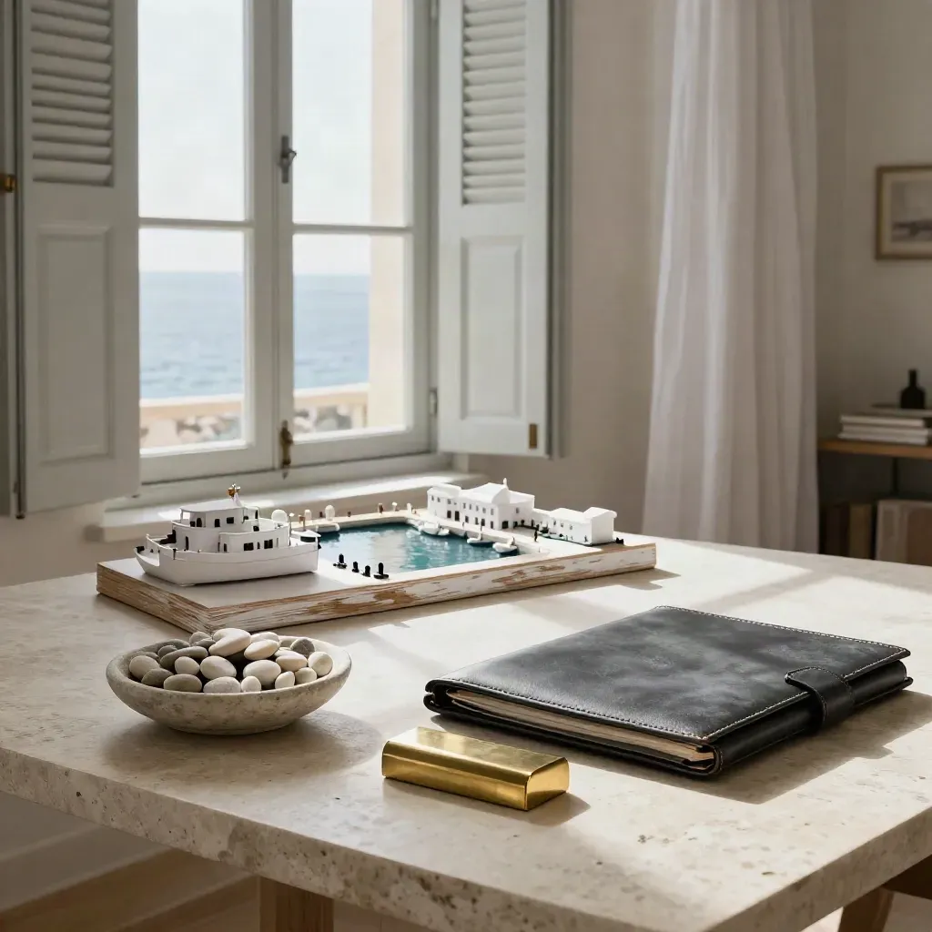 Bureau côtier à Aix-Marseille avec maquette de port, galets blanchis et lumière de fin de matinée.