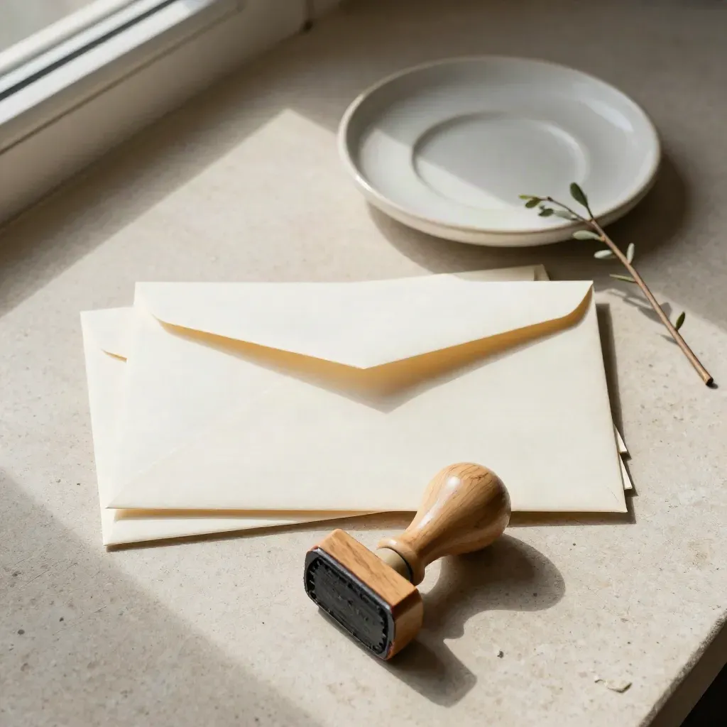 Tampon en bois, enveloppes crème, soucoupe en grès et branche verte sur surface claire.