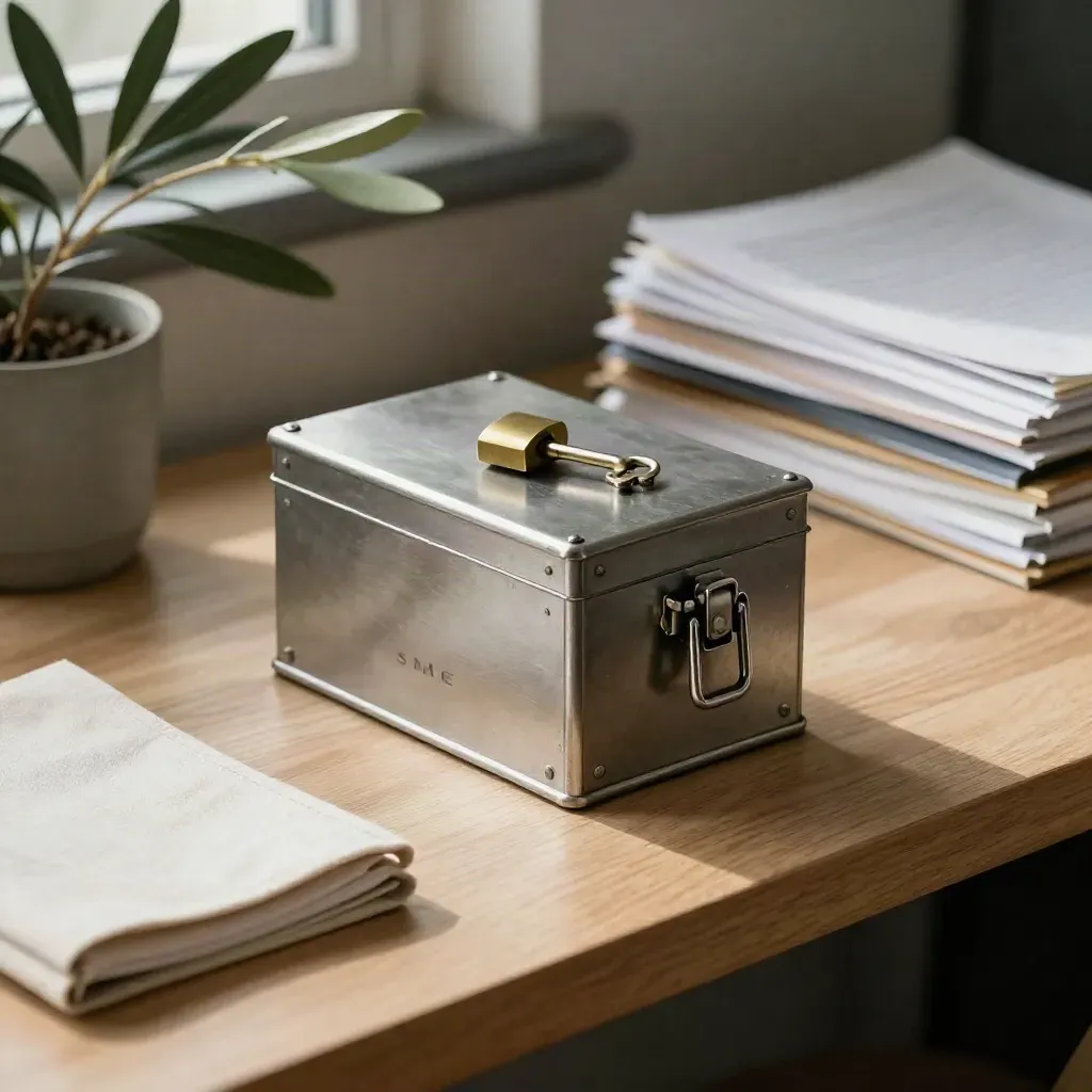 Caisse métallique PME, clé en laiton, carnet fermé et plante basse sur bois clair.