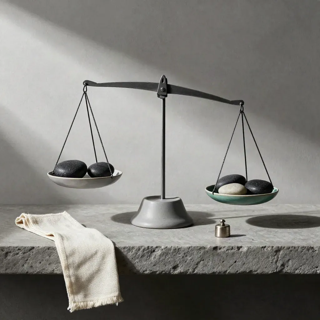 Balance en céramique et galets sur étagère de pierre, lumière douce, ambiance sobre.