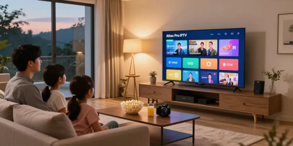 Profitez de l'application atlas pro iptv dans un salon chaleureux avec une famille regardant la télévision.